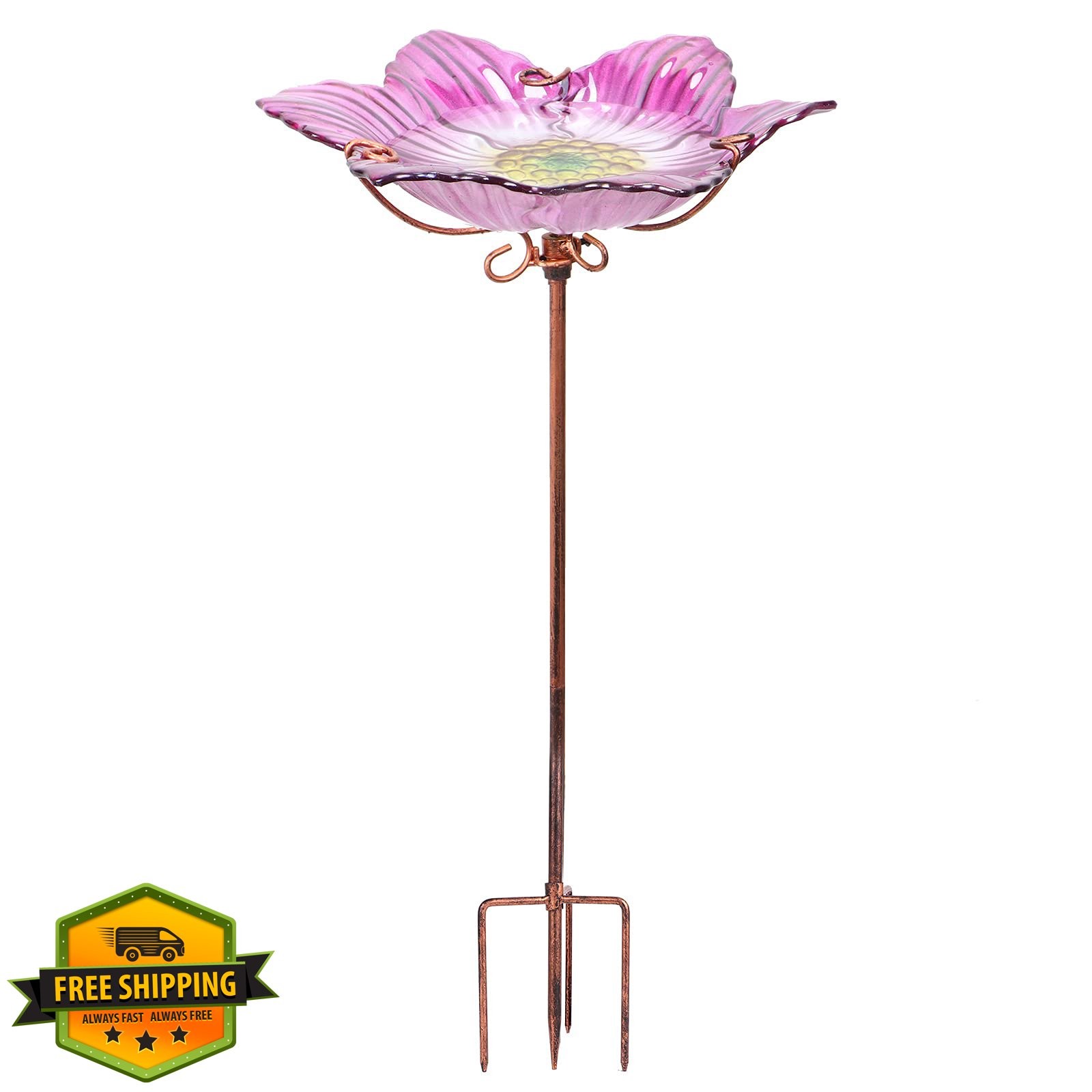Glass Bird Bath Outdoor Pink Birdfeeder Garden Metal Stake 26inch Height