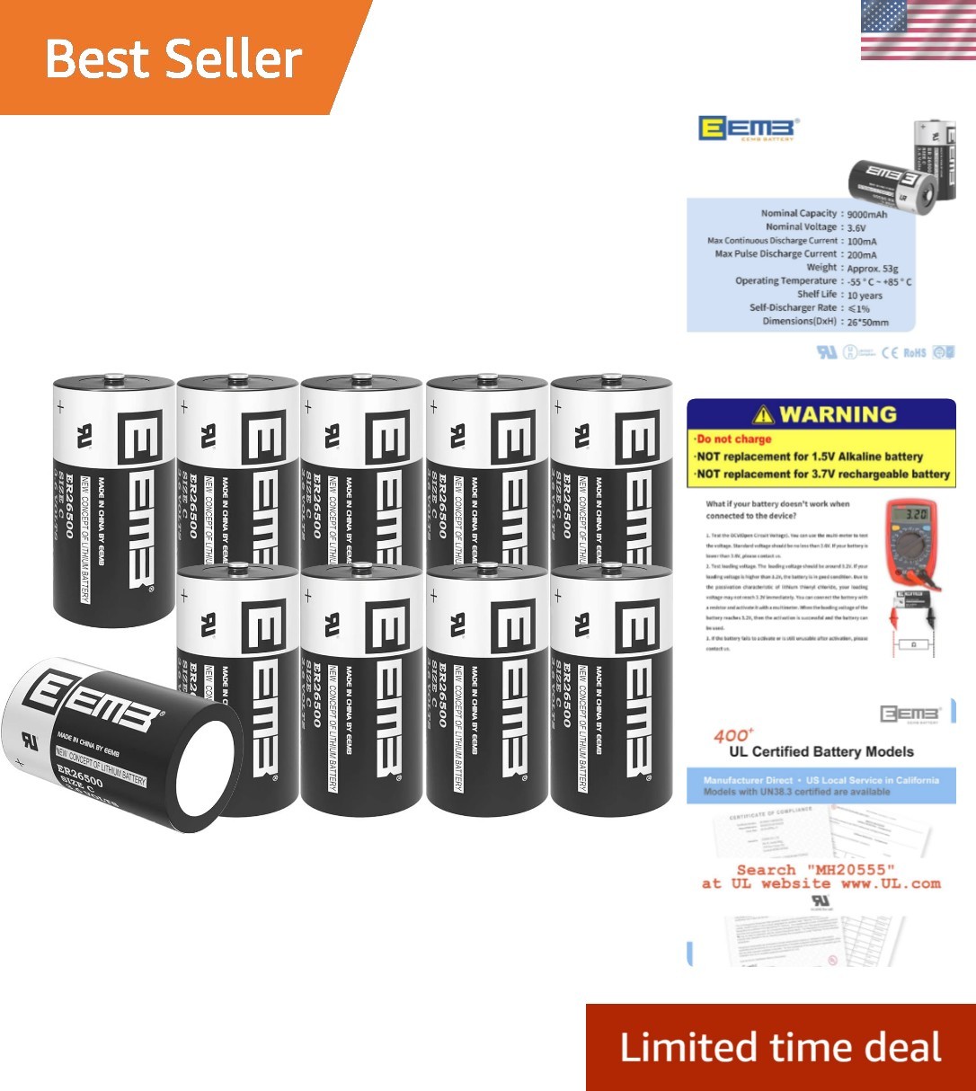 10Pack ER26500 C Size 3.6V Lithium Battery High Capacity Li-SOCL₂ Non-Recharg...