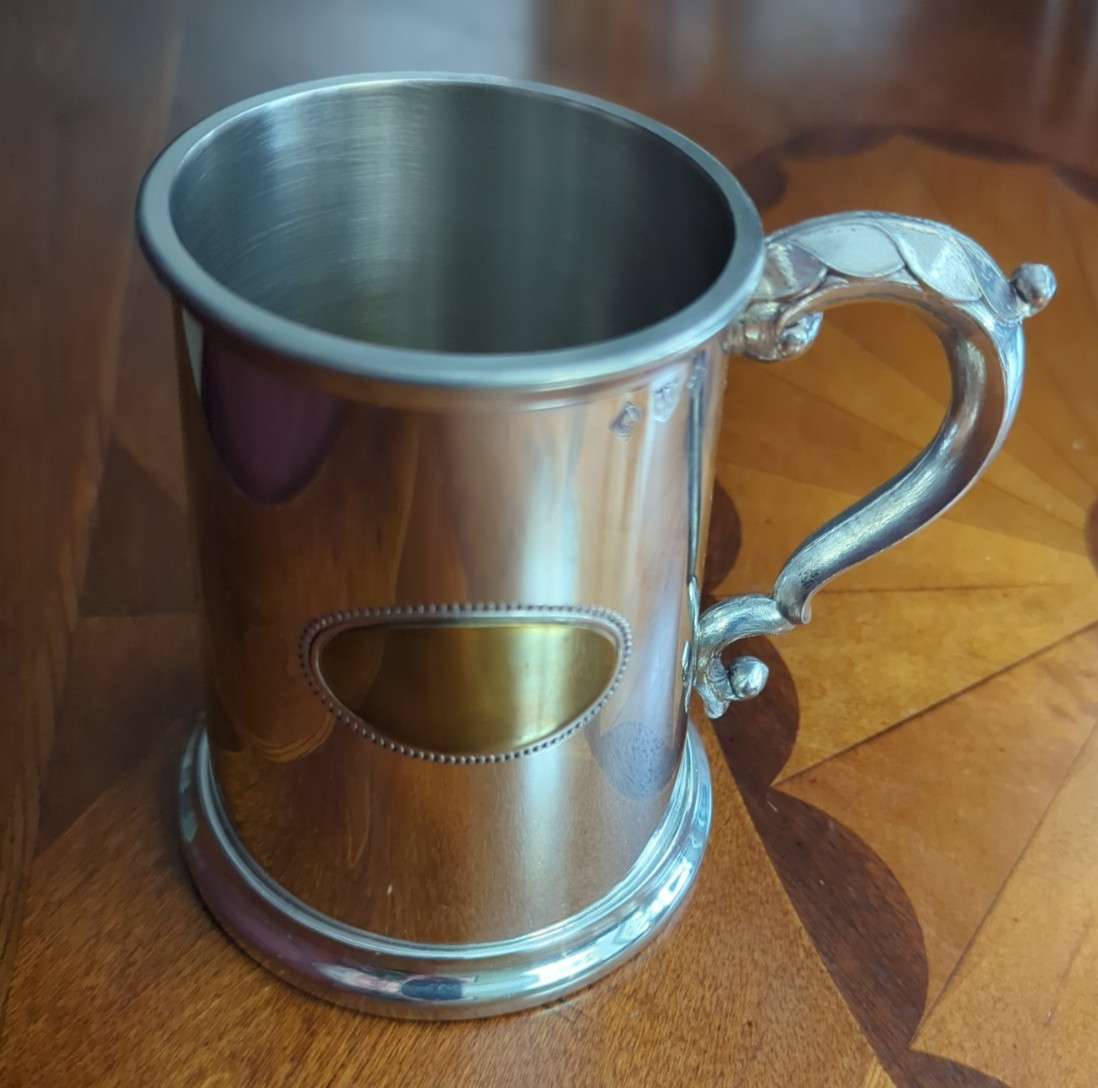 Pewter Mug With Maker's Mark Glass Bottom with Engraving Plate