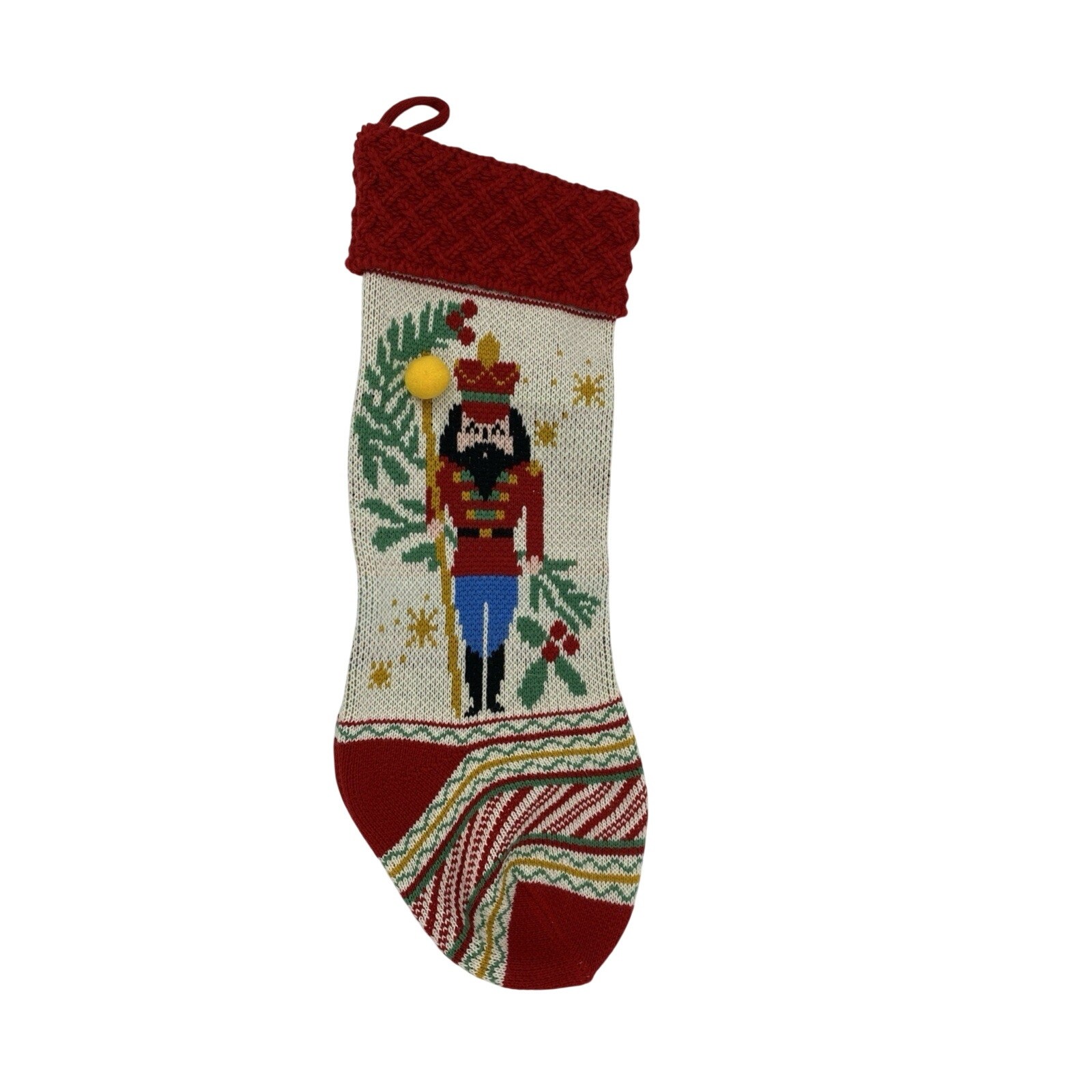 World Market Christmas Stocking Nutcracker Pom Pom Knit Holiday Decor 20in