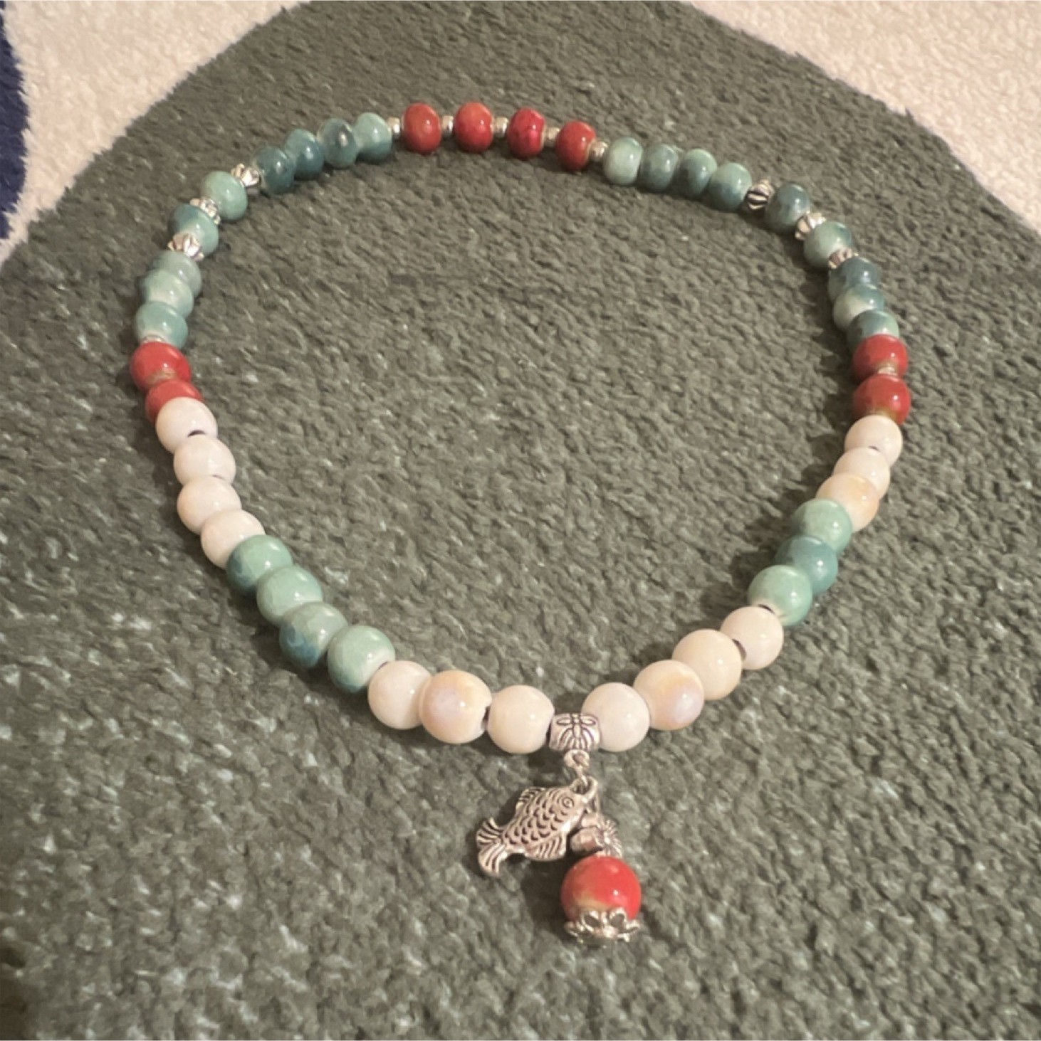 Handcrafted Multicolor Beaded Necklace with Jade, Coral, Silver Animal Pendant