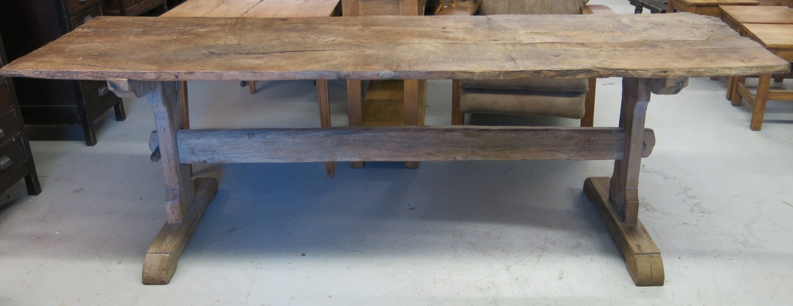 19th C. English Oak Rustic Two-Plank Trestle Refectory Table
