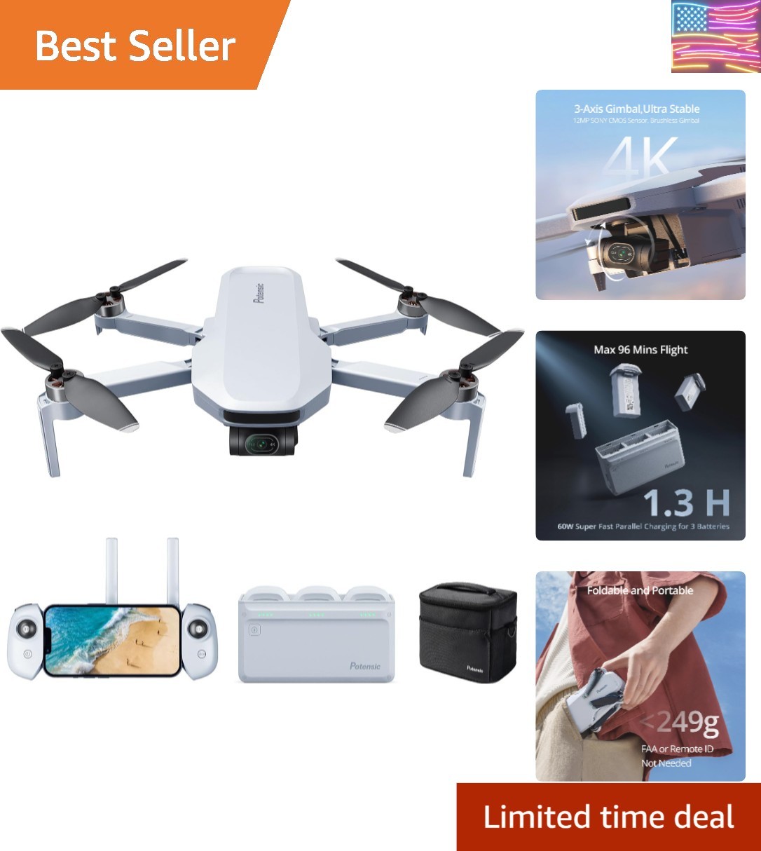 ATOM 3-Axis Gimbal 4K GPS Drone, Under 249g, 96 Mins Flight, Max 6KM Transmis...