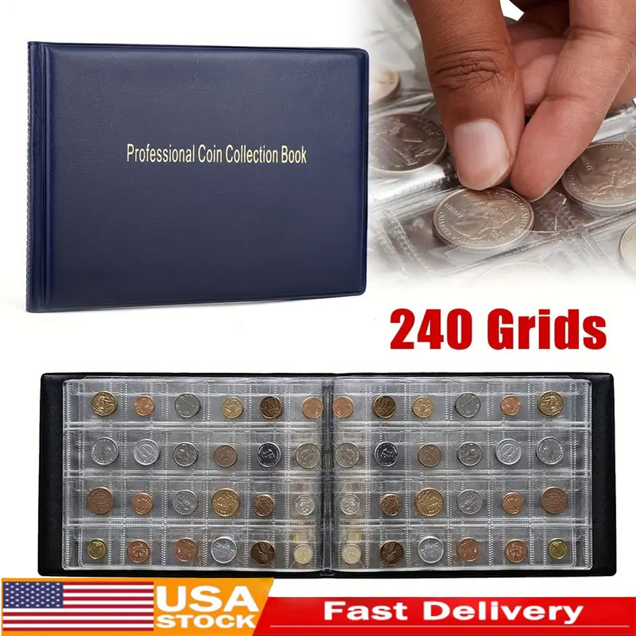 240 Grids Large Capacity Coin Collection Book - Premium Faux Leather Cover,