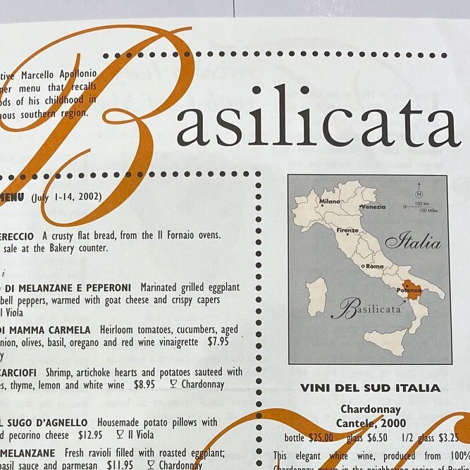 2002 Il Fornaio Risotteria Restaurant Basilicata Wine Menu Seattle Washington