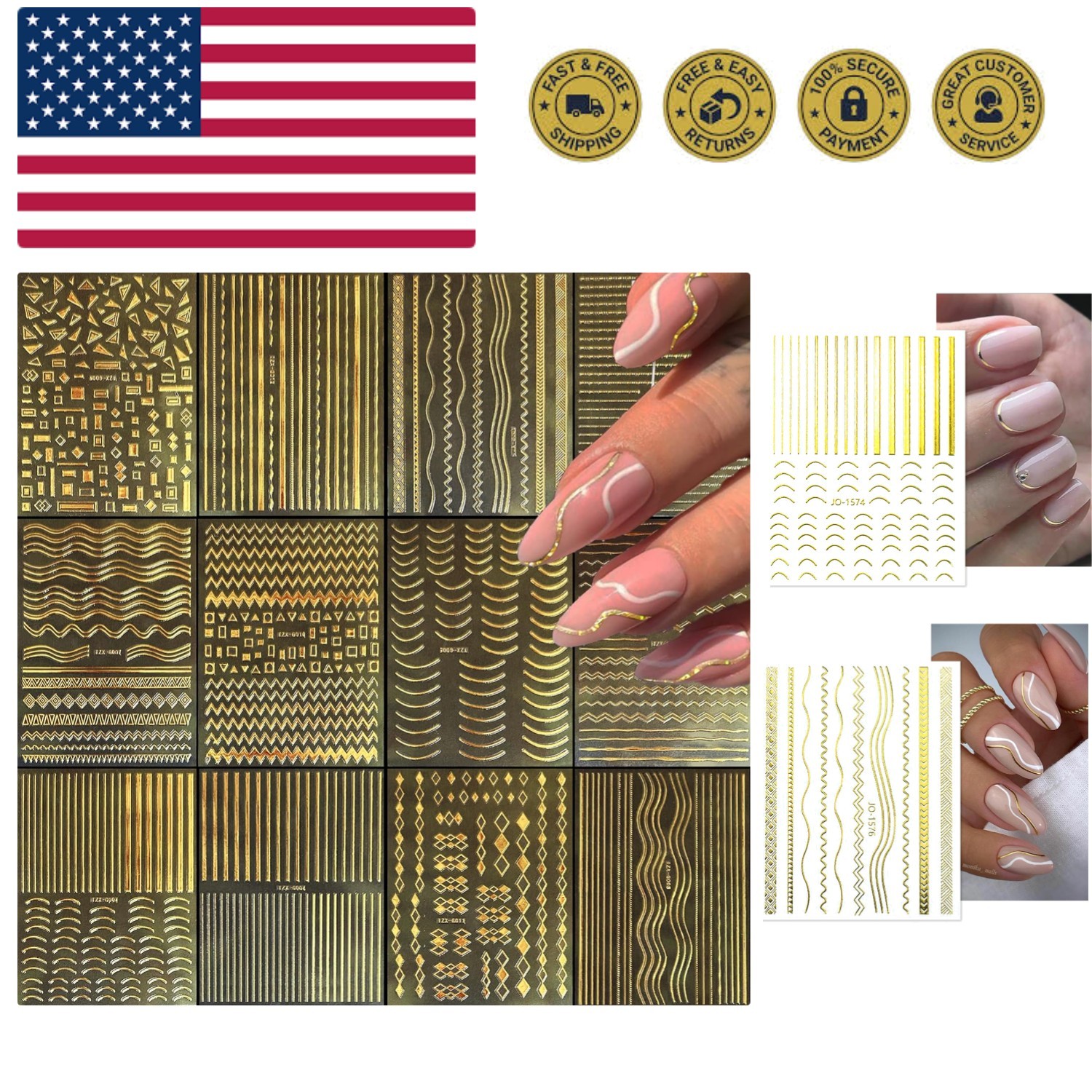 12 Sheets Gold Nail Stickers - 3D Self-Adhesive Metal Geometric Stripe Wave N...