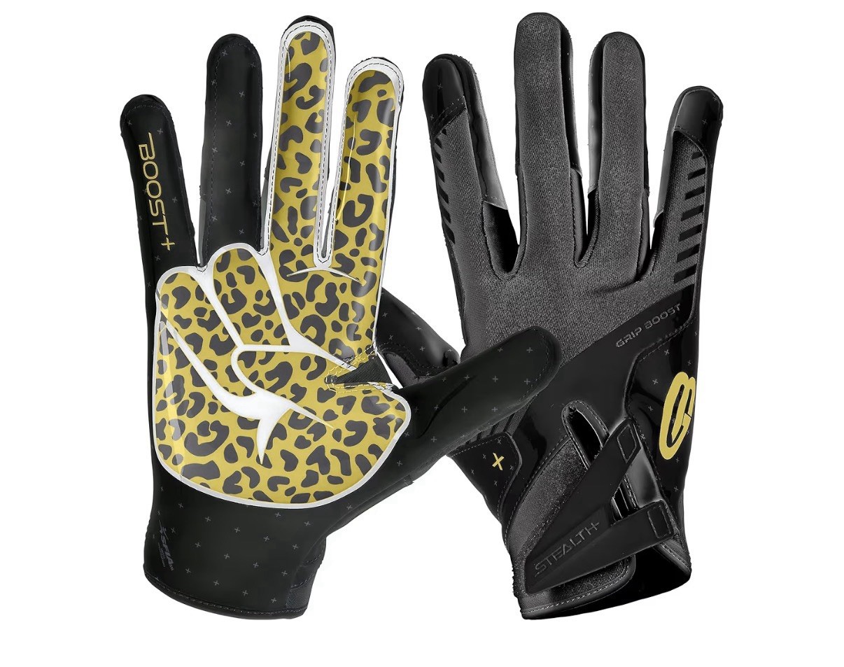 Grip Boost Football Gloves - Peace Stealth 6.0 Black Gold Leopard Youth Small