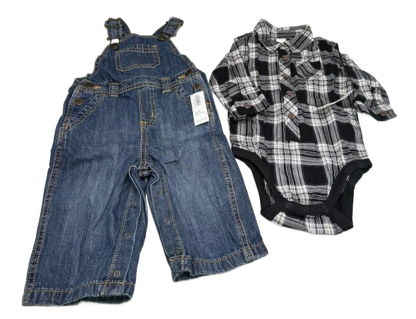 Old Navy Baby Denim Overalls & Plaid Bodysuit Unisex Outfit Set 6-12 months