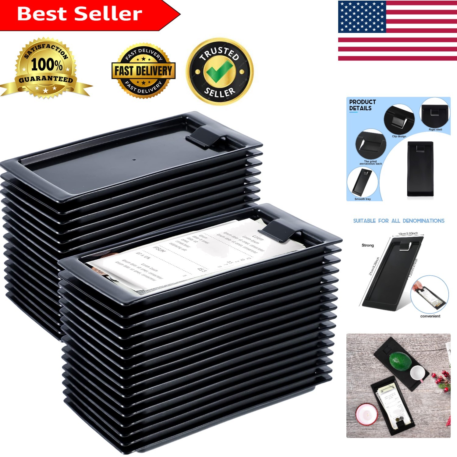 Stylish Black Check Presenters with Rim for Secure Bill Handling, 32 Pack