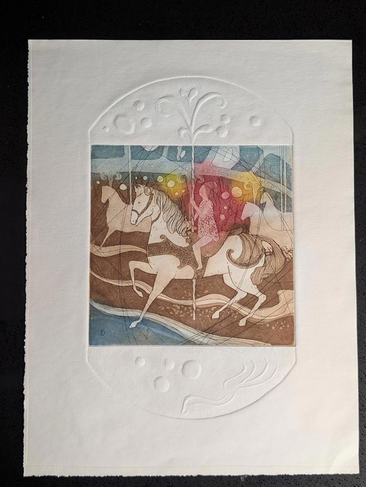 Phillip Denst Hand-Colored Etching of Carousel Horses, Blind Emboss – Signed