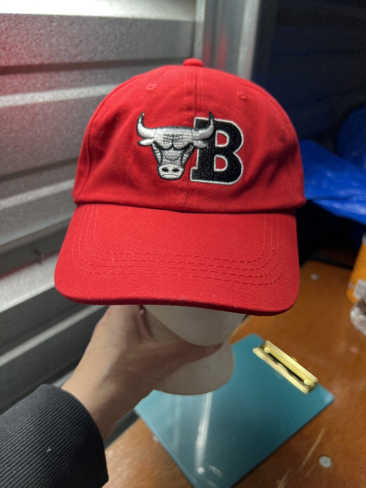 Red Chicago Bulls Hat Cap w White Bull and Black B Unbranded Adj EUC