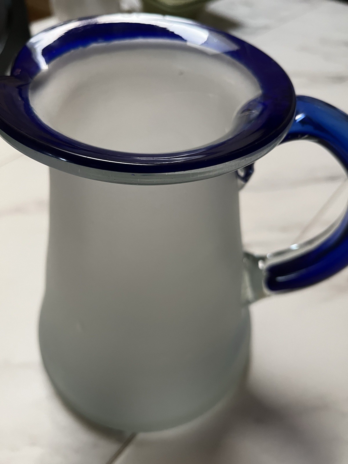 Mexican Hand-Blown Glass Pitcher Cobalt Blue Rim Handle 8” Tall