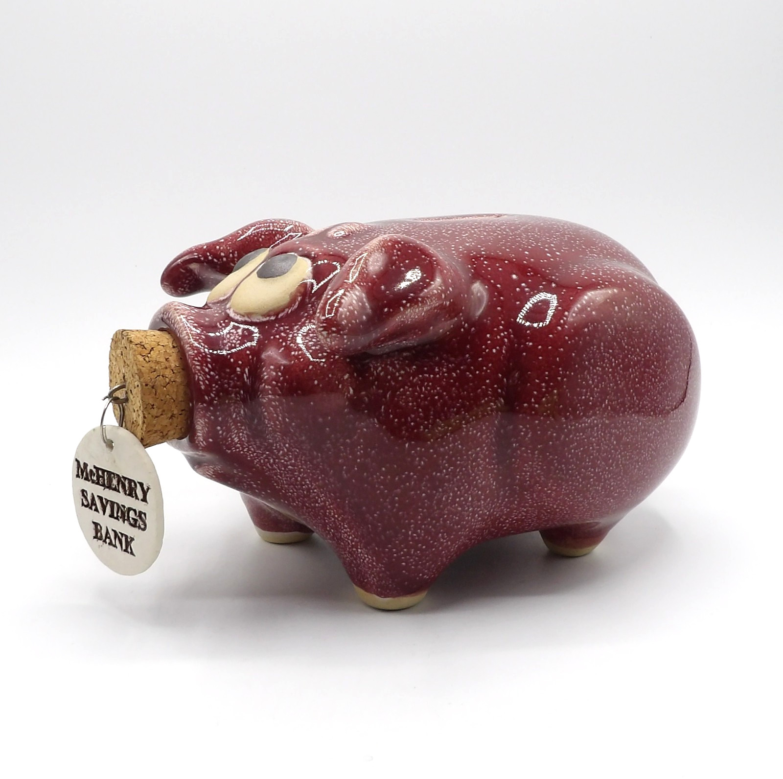 Vintage Muddy Water Pottery Maroon Red Ceramic Piggy Coin Bank w/Cork Stopper