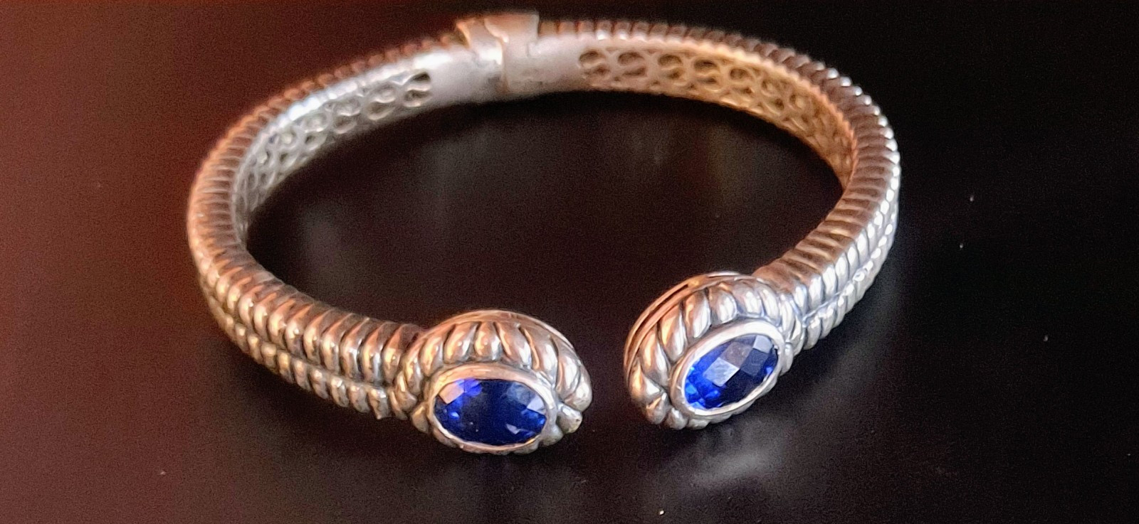 Vintage Solid Sterling Silver 925 Heavy Hinged Cuff Bracelet w/Blue Stones 42g