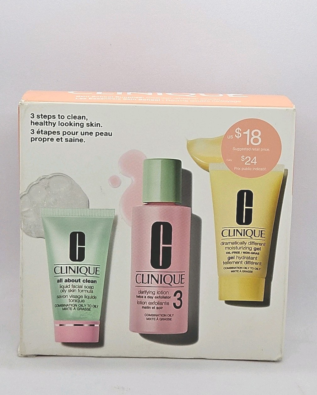 3 PC Clinique Skin School Moisture Gel, All About Clean & Toner Travel Set BOXED