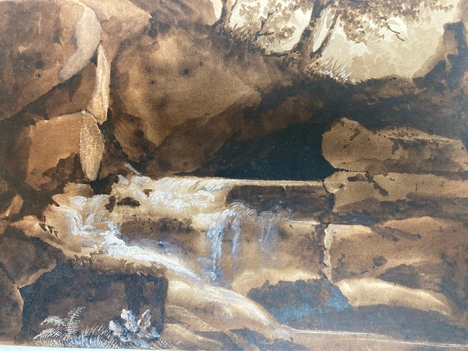 Très Belle Peinture Lavis Encre Papier XIXe 1850 Montagne Eau A Identifier Art