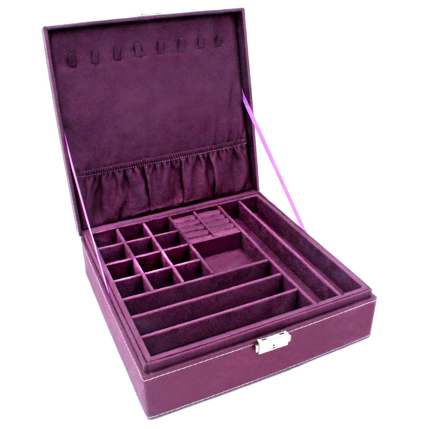 Two-Layer Jewelry Box Organizer Display Storage case with Lock (Purple)