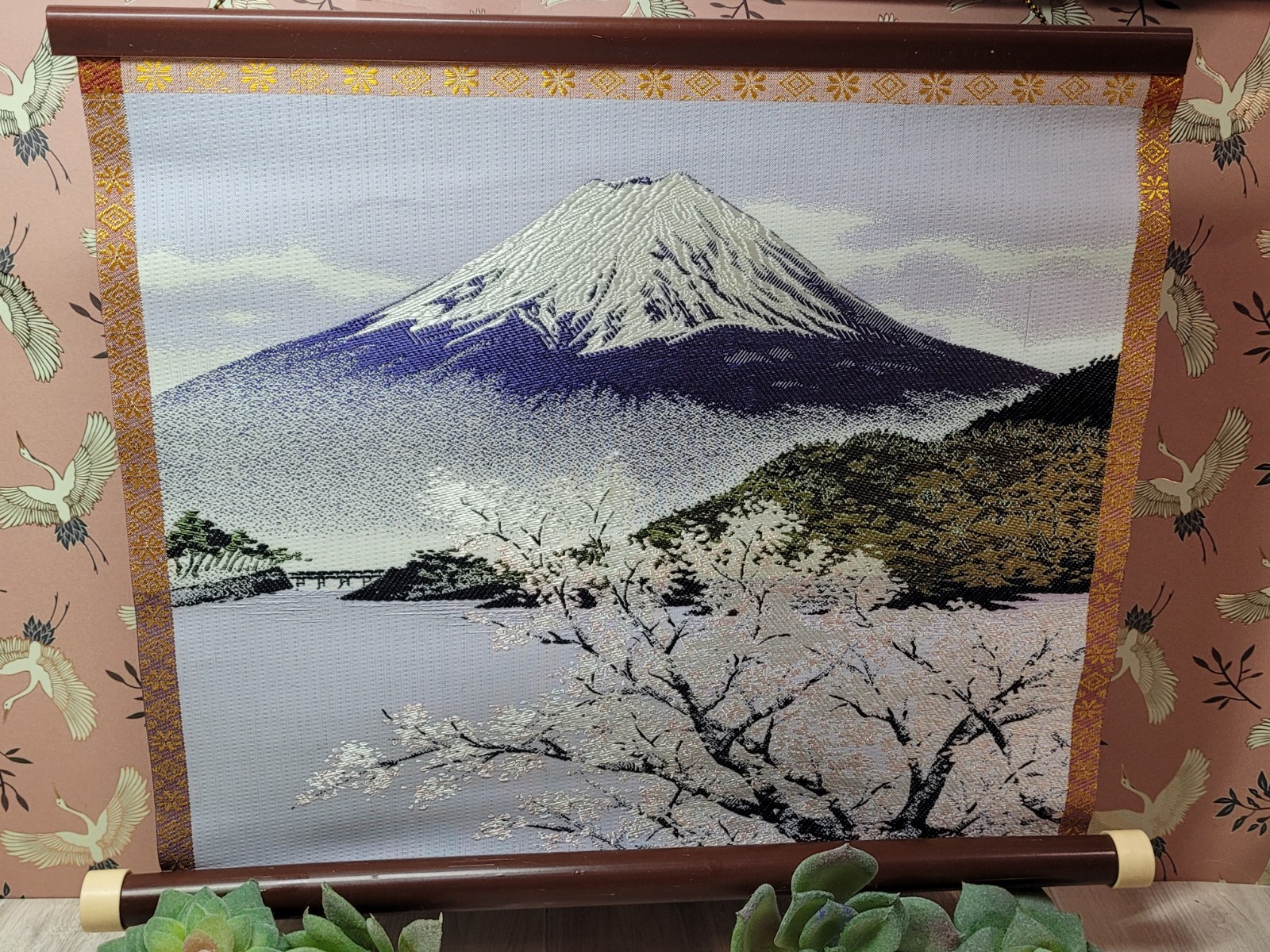 Vtg Japanese Silk Embroidered Wall Art Tapestry Ready To Frame Mt Fujii Blossoms