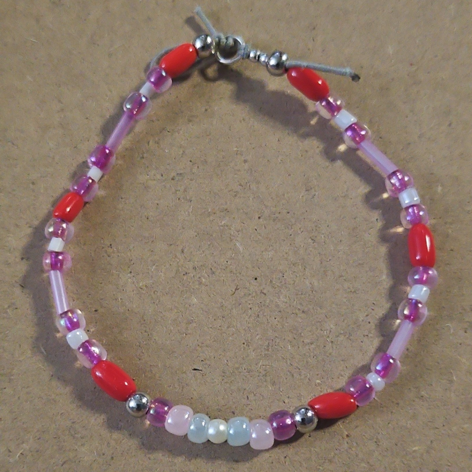 Beaded Glass Metal Bracelet Red Pink Silver White Round