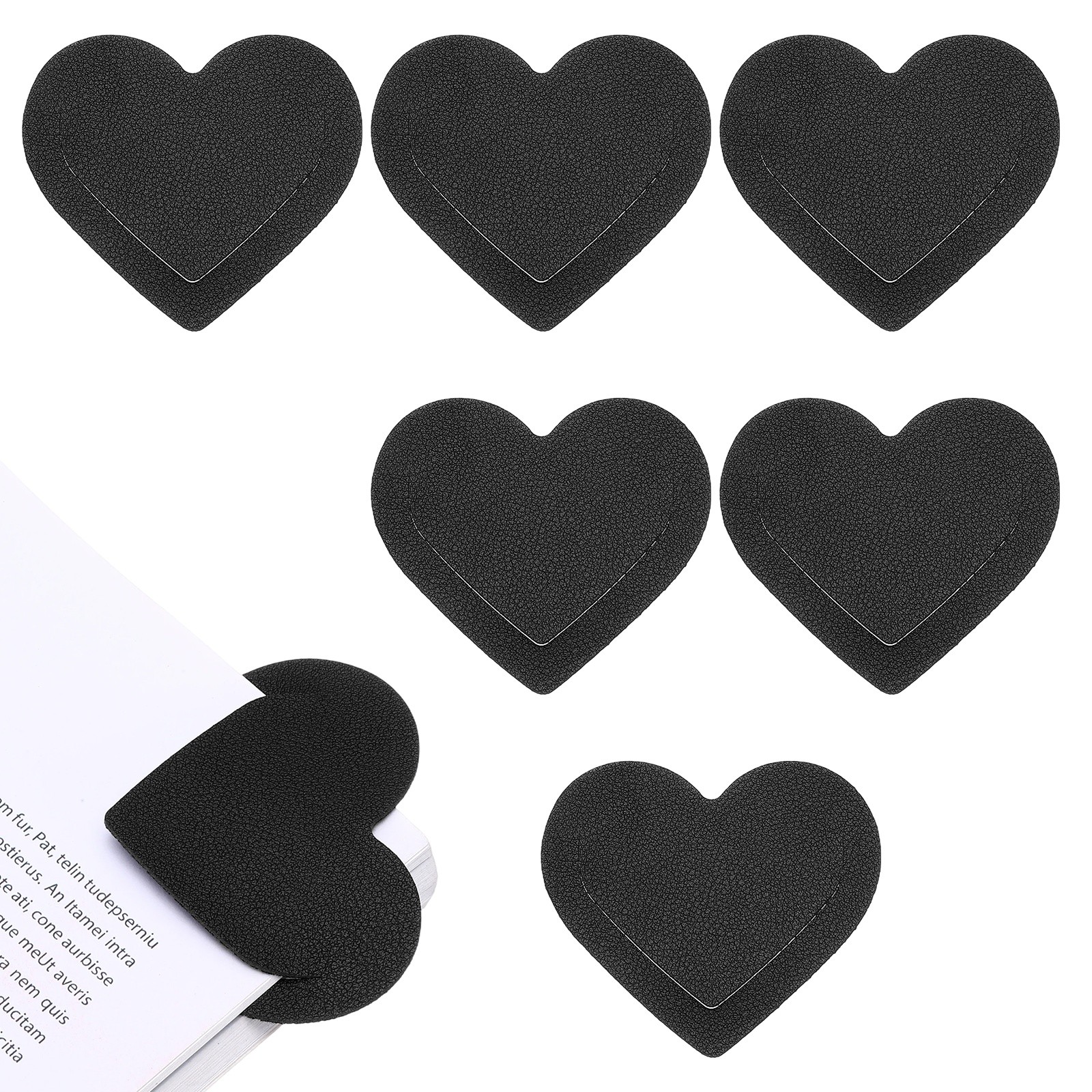 6Pcs Leather Heart Bookmarks, Cute Corner Bookmarks for Reader, Black