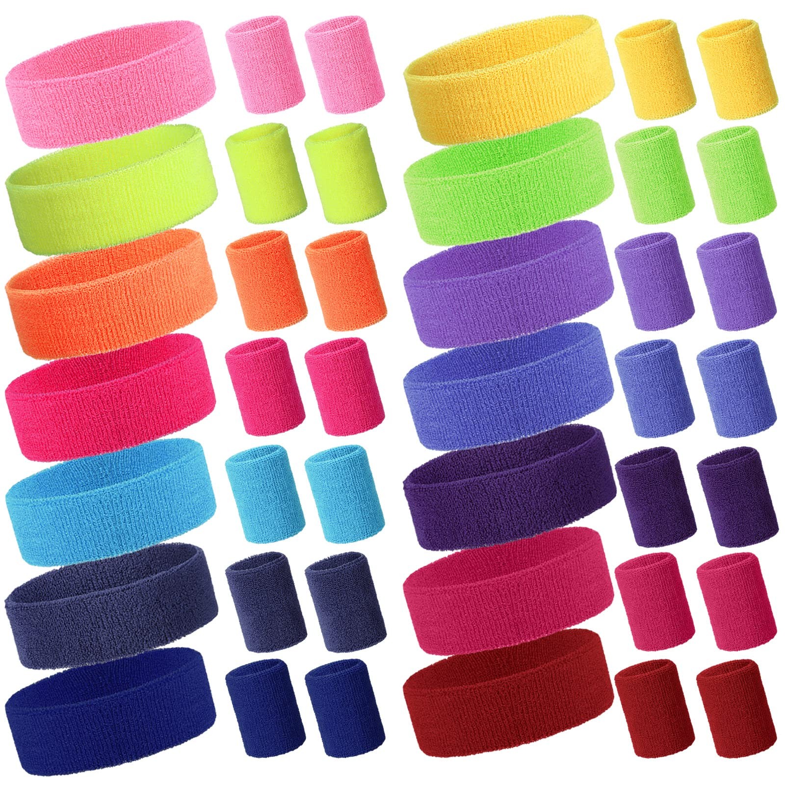 42 Pcs Neon Headbands Sweatband Set Include 14 Sports Headbands and 28 Sweat ...