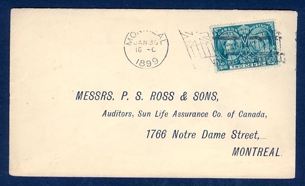 CANADA #52 MONTREAL TYP8 JAN 30 1899 FLAG CANCEL DROP LETTER
