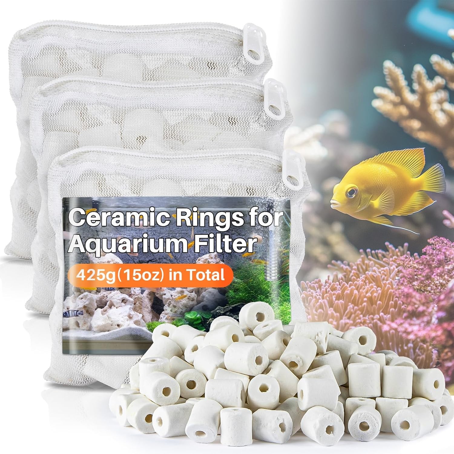 Ceramic Rings for Aquarium Filter 425g Bio Media with Mesh Bags