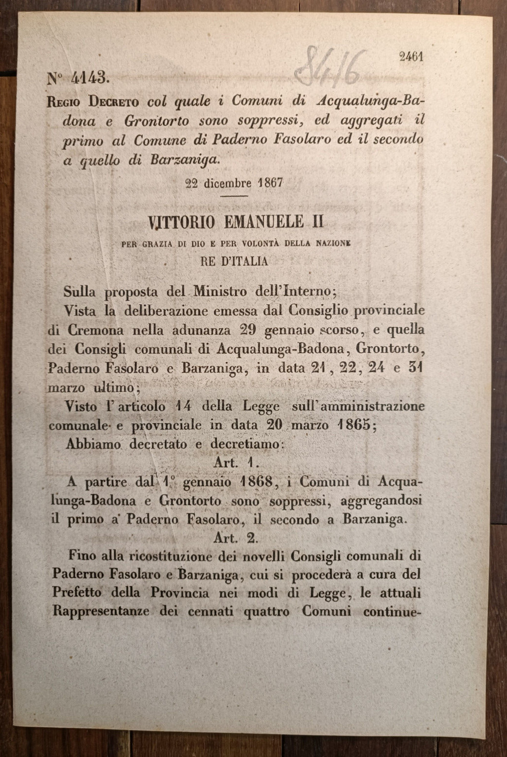 Acqualunga/Grantorto 1867 Royal Decree Suppress/Aggrega a Paderno Fasolaro-8416