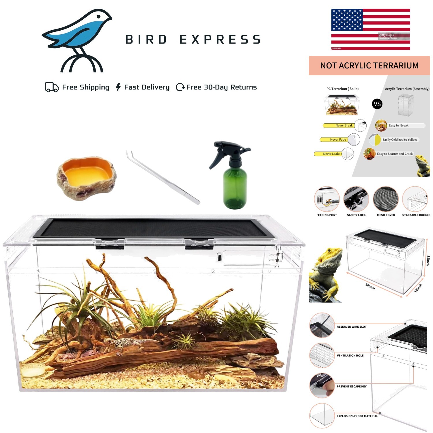 10 Gallon Reptile Tank, Waterproof Polycarbonate Terrarium for Insect Small Pets