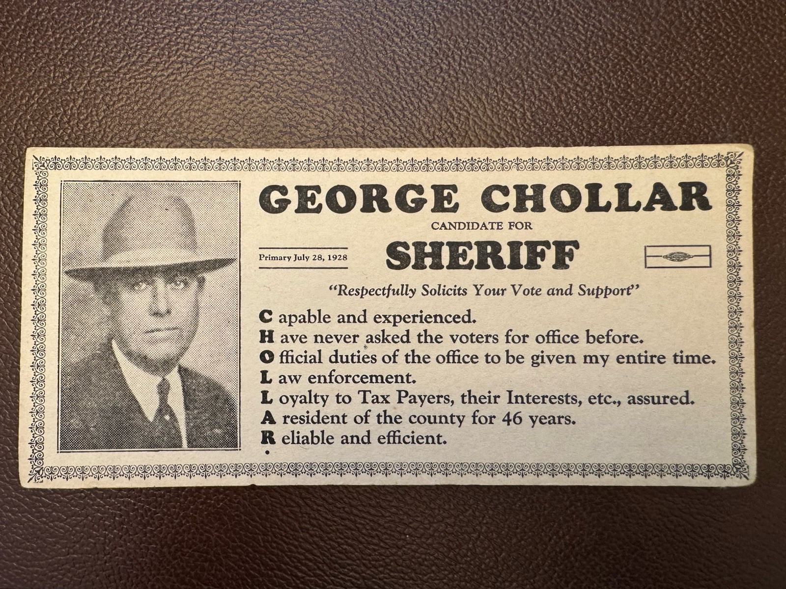 1928 George Chollar Candidate for SHERIFF  FORT WORTH