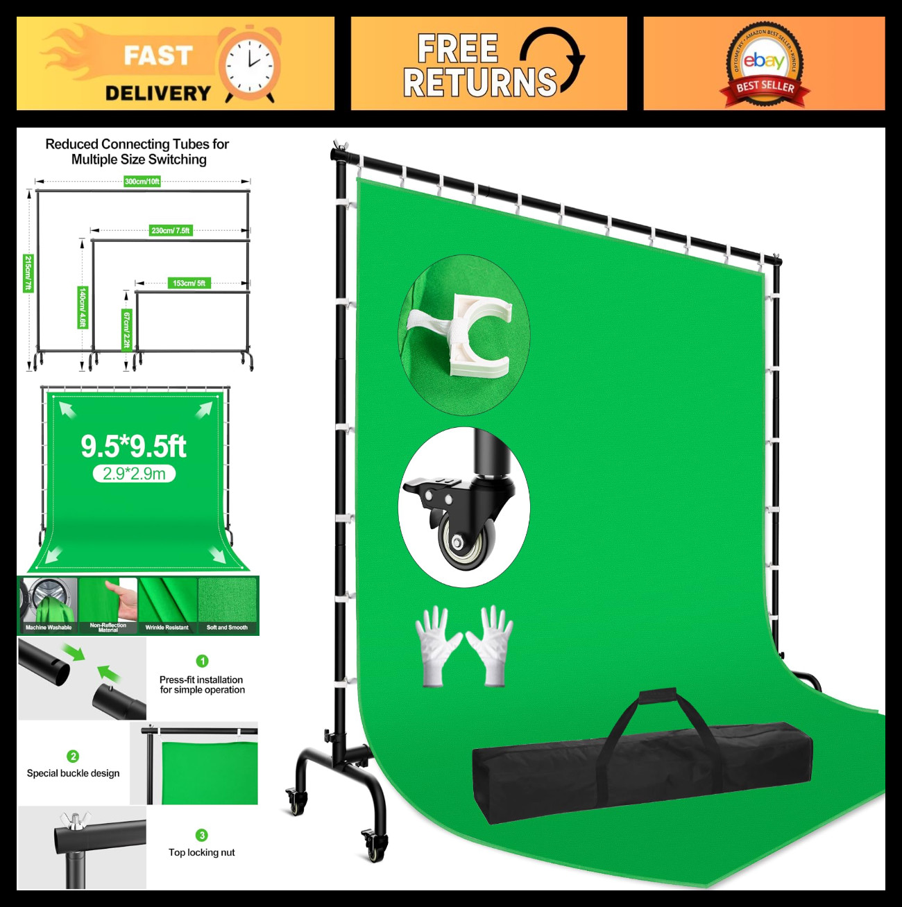 7x10ft Green Screen Backdrop Kit with Stand & Wheels for Photography, Streaming