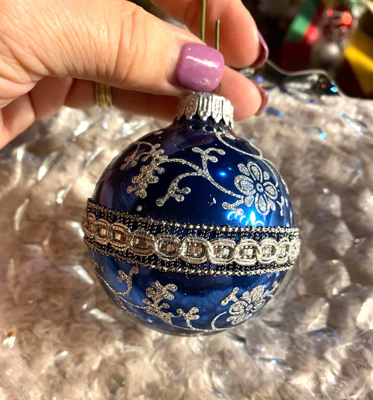 Blue Ribbon Wrapped & Stenciled w White Glitter Design Christmas Ornament 2.5"