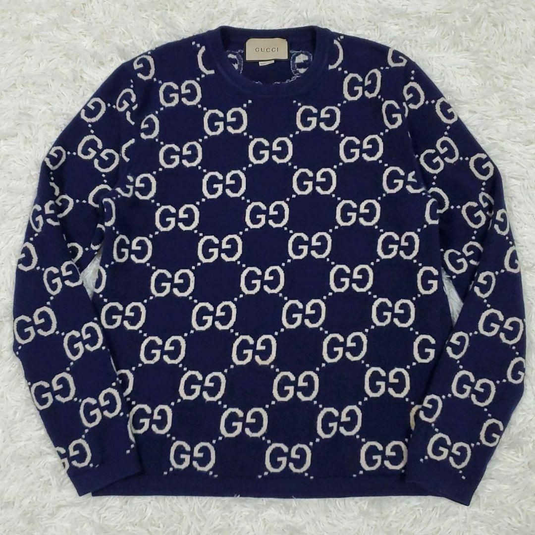 Gucci Size L 100% Wool GG Print Sweater Navy Blue from Japan Tops Knitwear