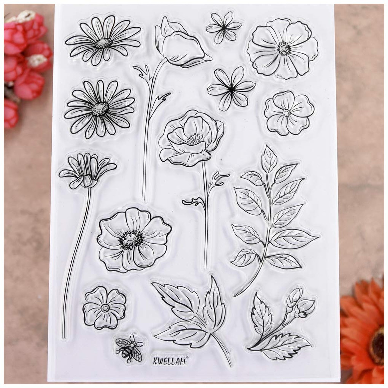 KWELLAM Flowers Leaves Bee Chrysanthemum Clear Stamps for Card Making Decorat...