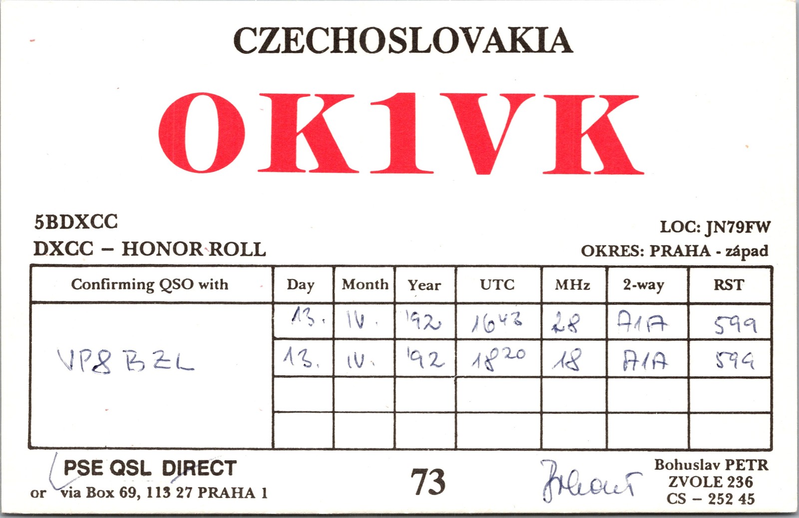 QSL Card Czechoslovakia  OK1VK Bohuslav Petr Zvole Honor Roll