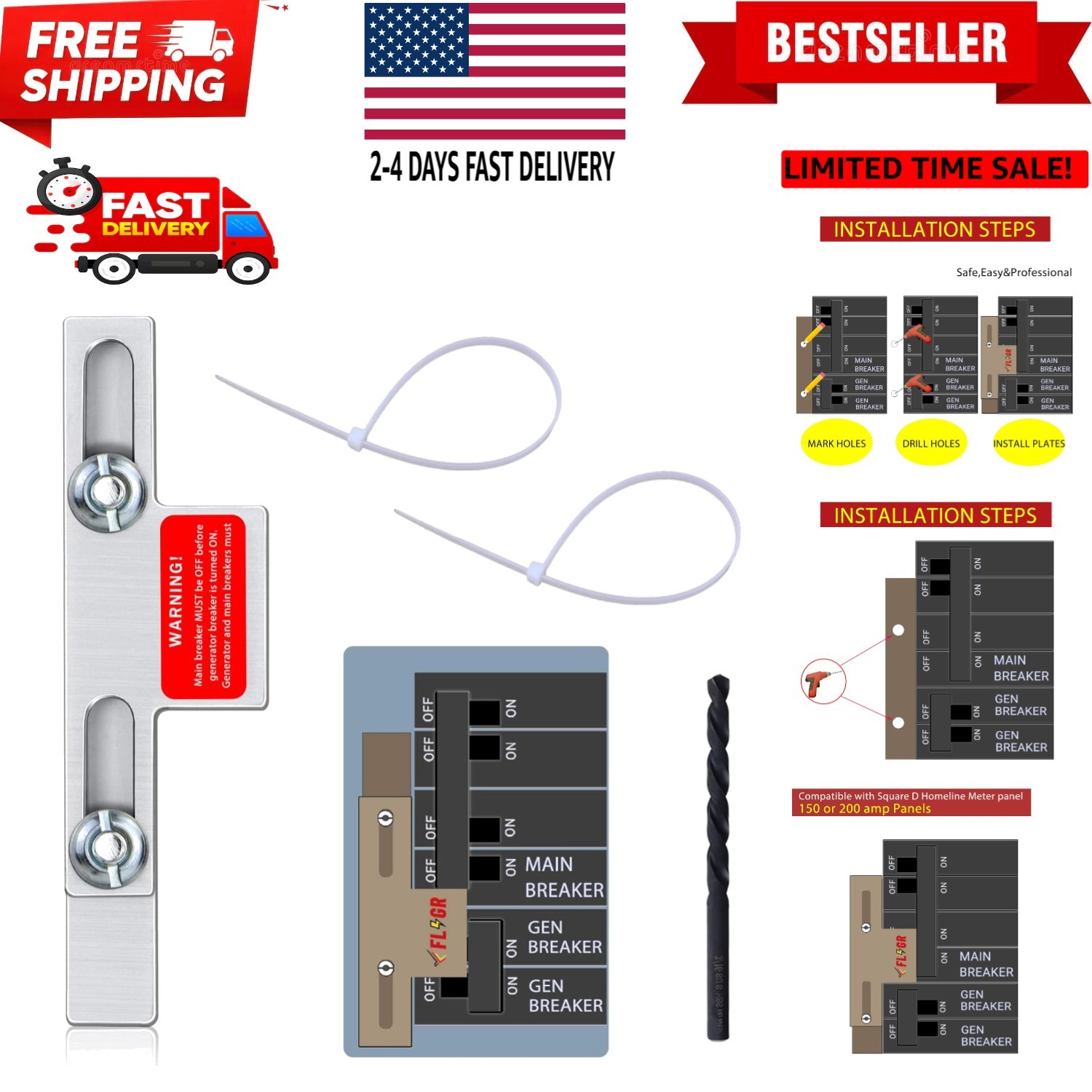 Generator Interlock Kit Compatible with Square D for Homeline Meter Main 150 ...