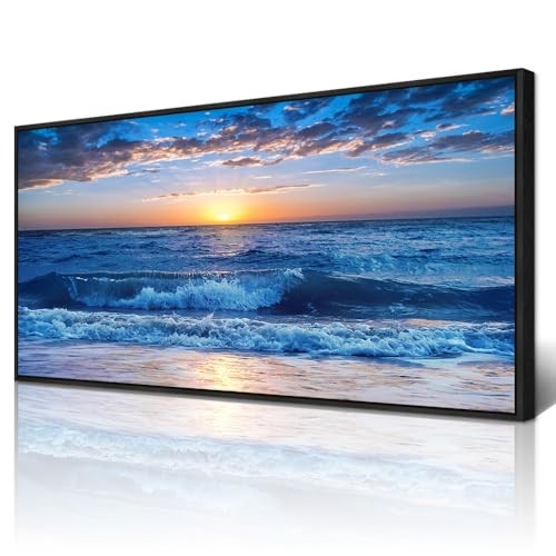 Wapluam Large Canvas Art - Blue 48"L x 24"W Blue Ocean Pictures Black Framed