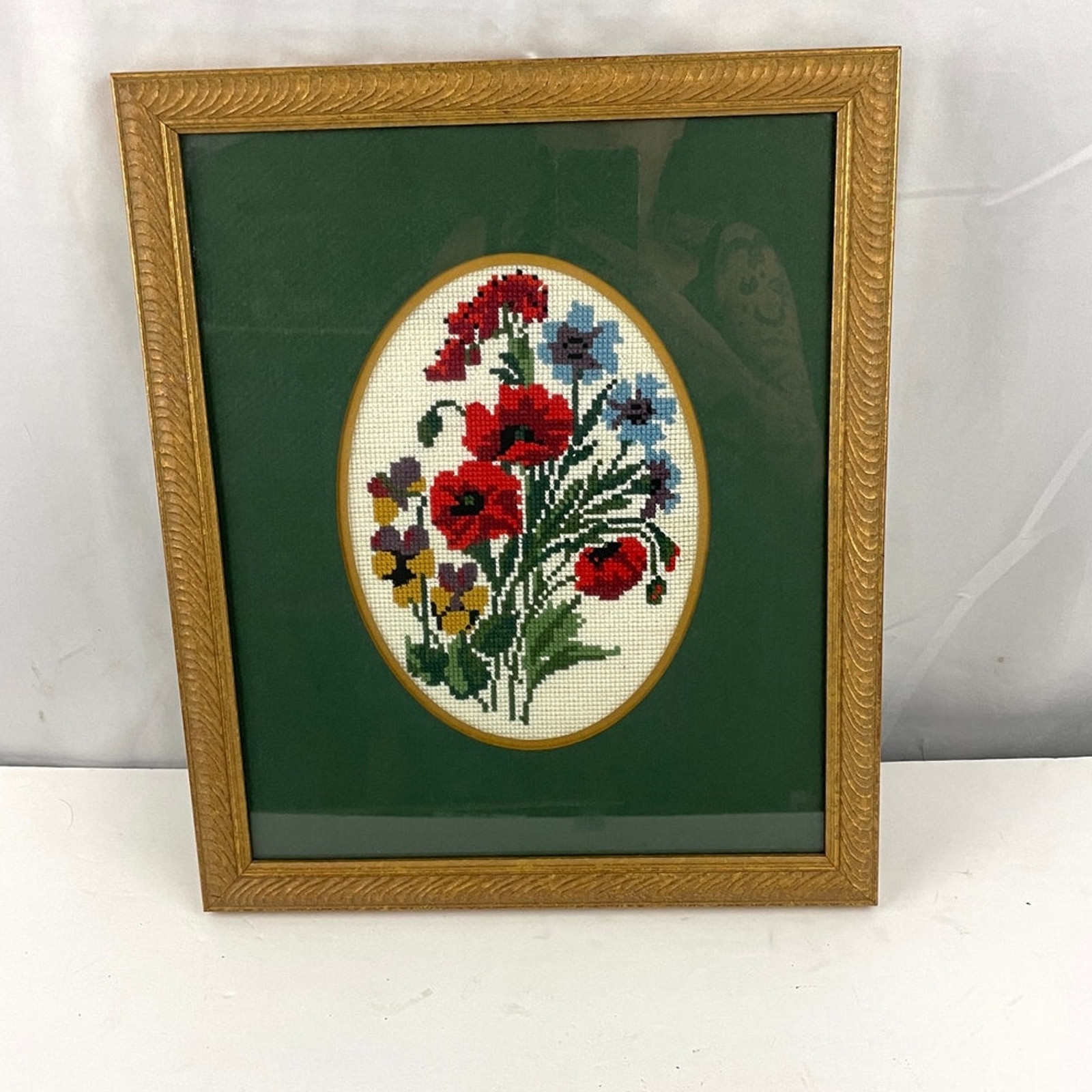 VTG Green Floral Embroidered Needlepoint Fiber Wall Art 13"x15.5" MCM Framed