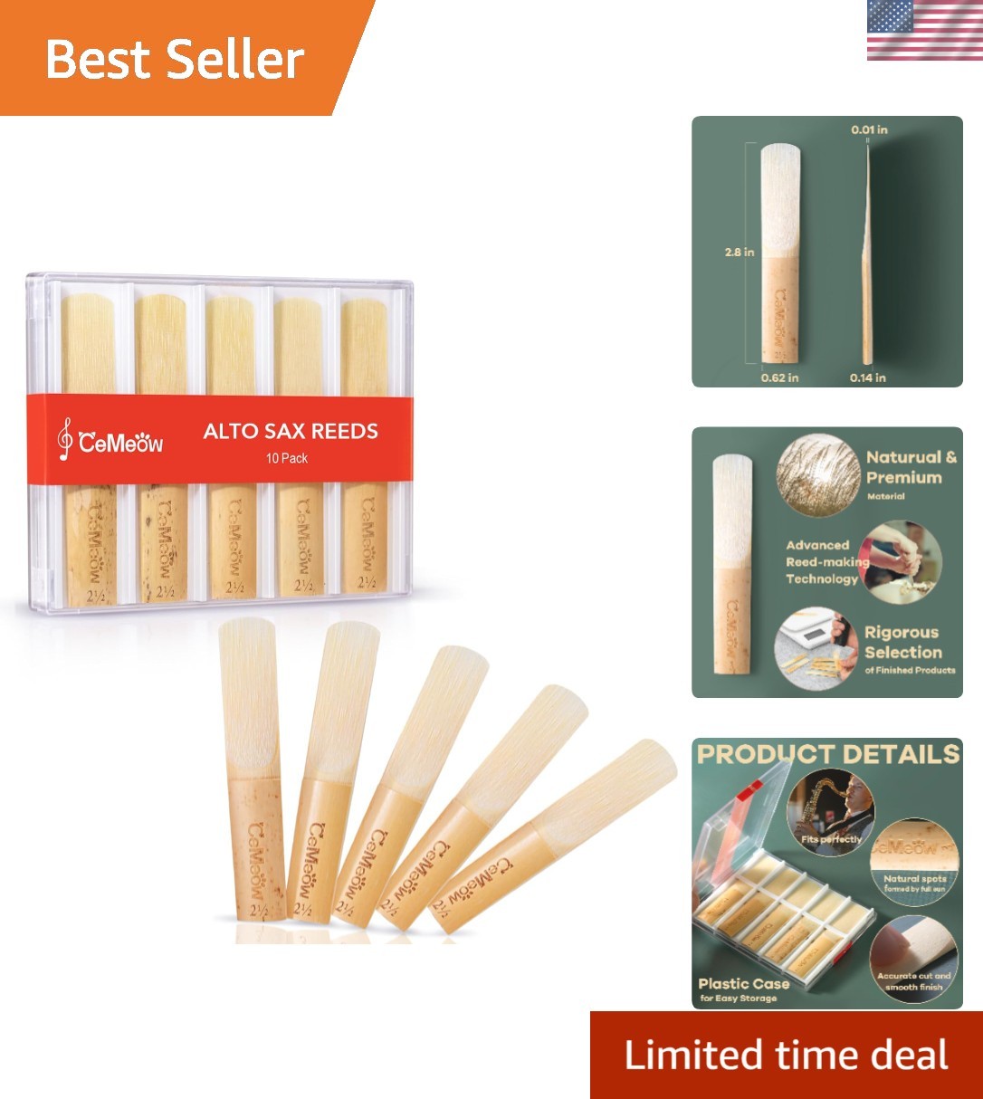 Alto Saxophone Reeds 2.5, Professional Alto Sax Reeds 10Pack with Plastic Box...