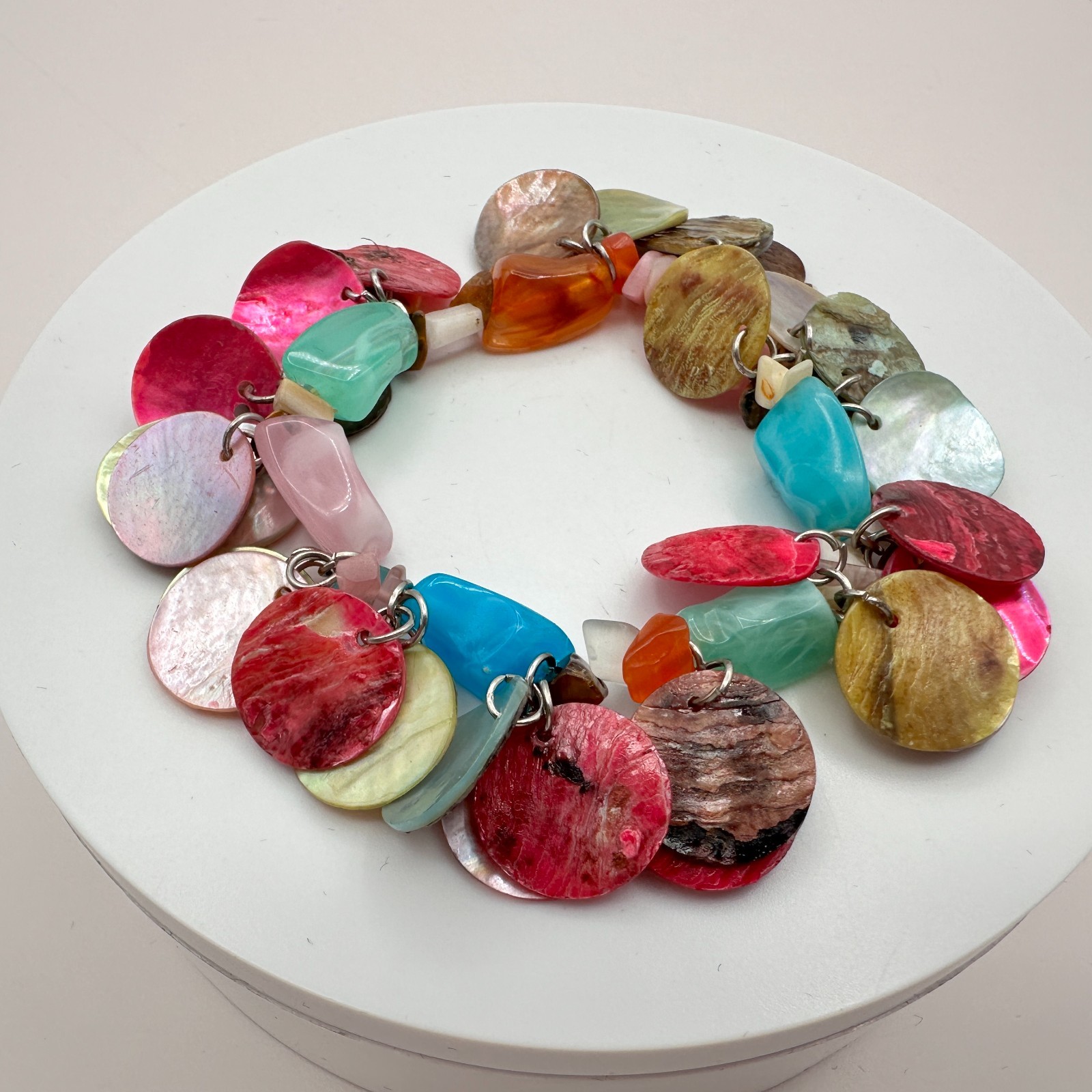 Vintage 90s Mother of Pearl Chunky Shell Charm Bracelet Boho Retro Jewelry