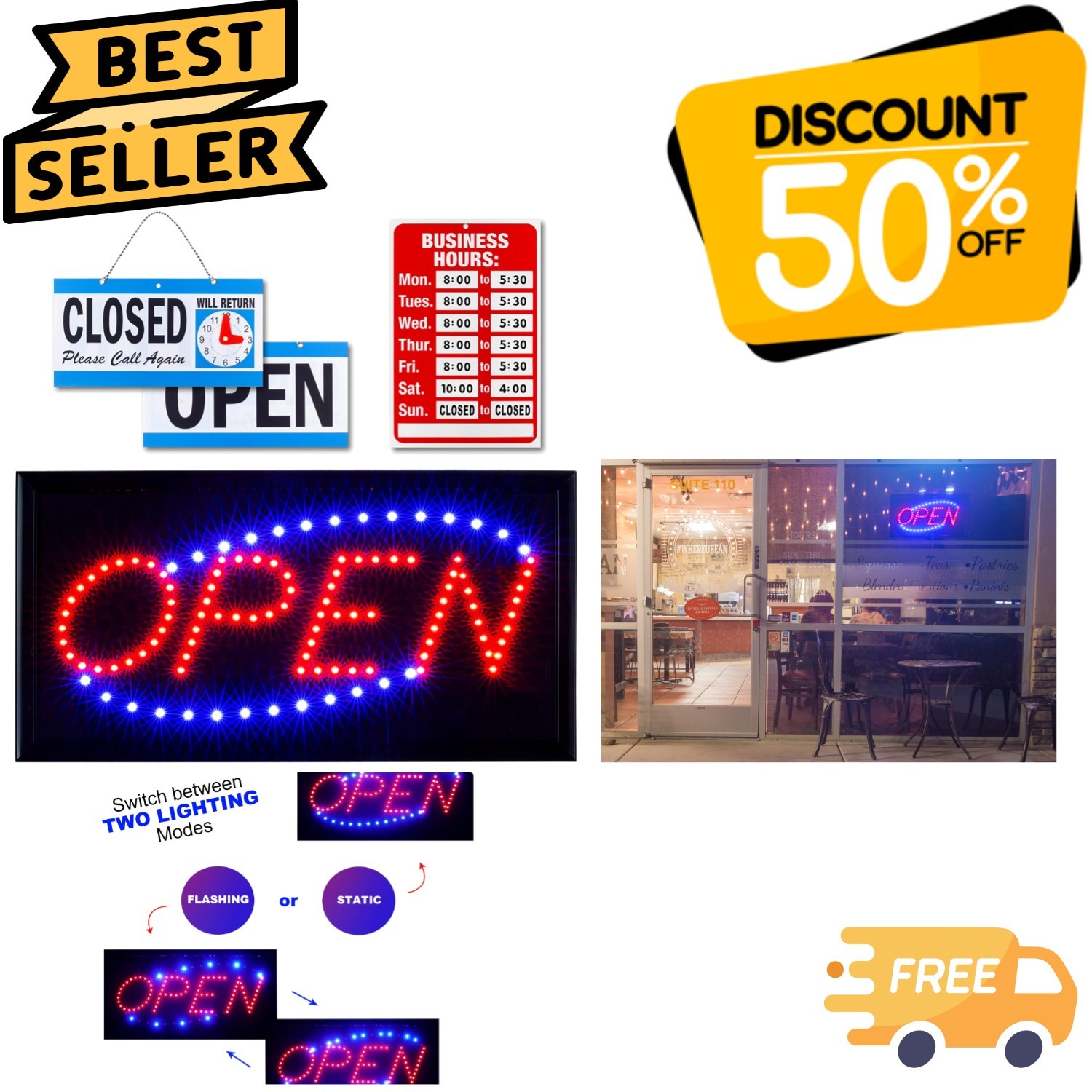 Versatile Neon LED Open Sign with Business Hours - Lightweight 1.5 lb, 17" x 10"