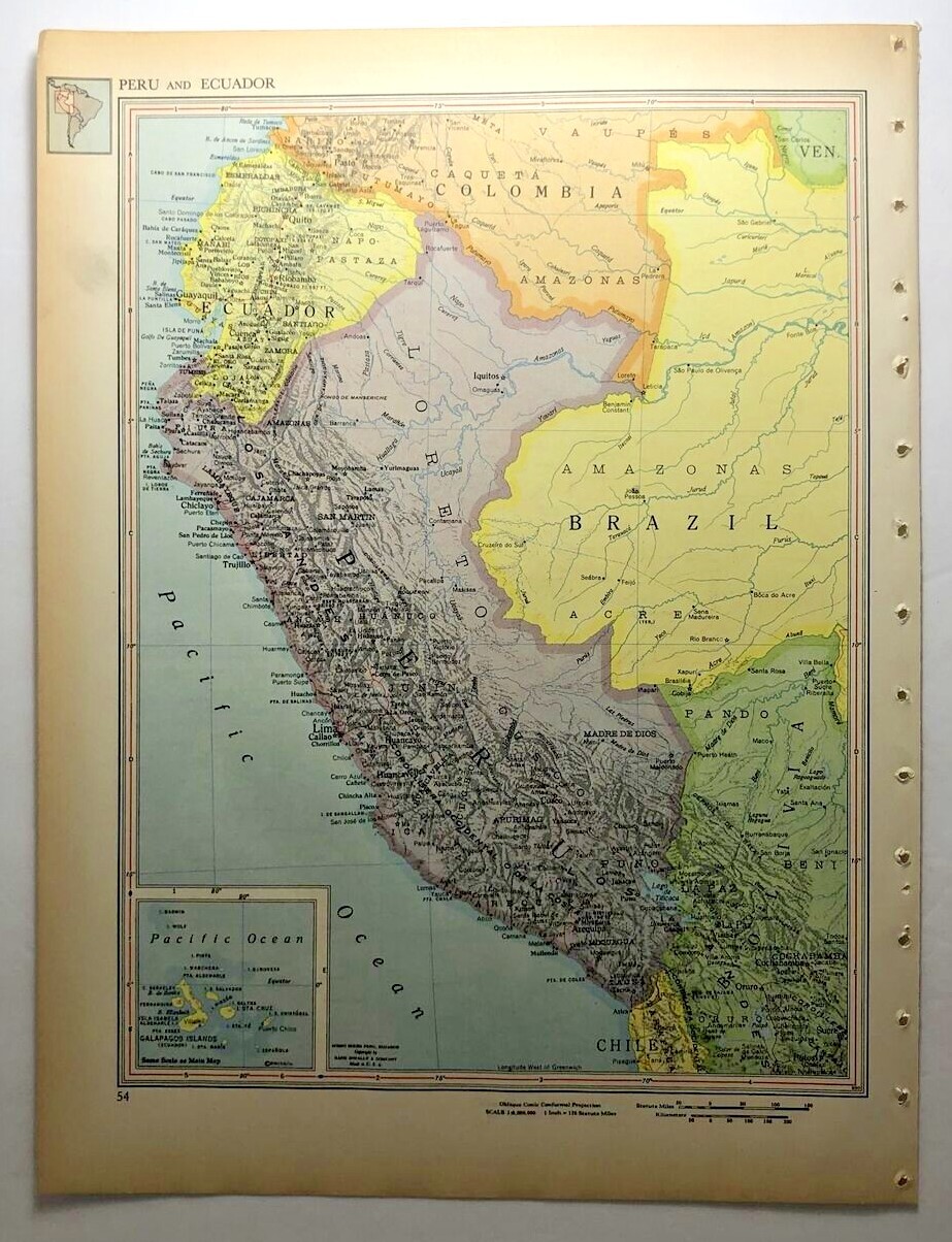 1952 Vintage PERU & ECUADOR Antique Atlas Map - Ency Britannica World Atlas