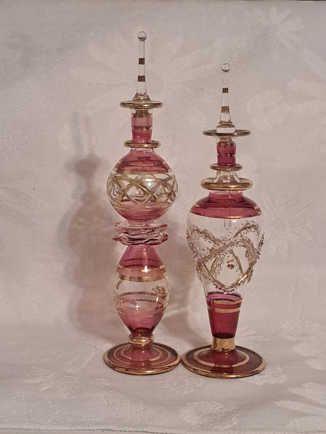 VTG Lot of 2 Small Egyptian Hand Blown Glass Perfume Bottles 5"- 6" W/Stopper L