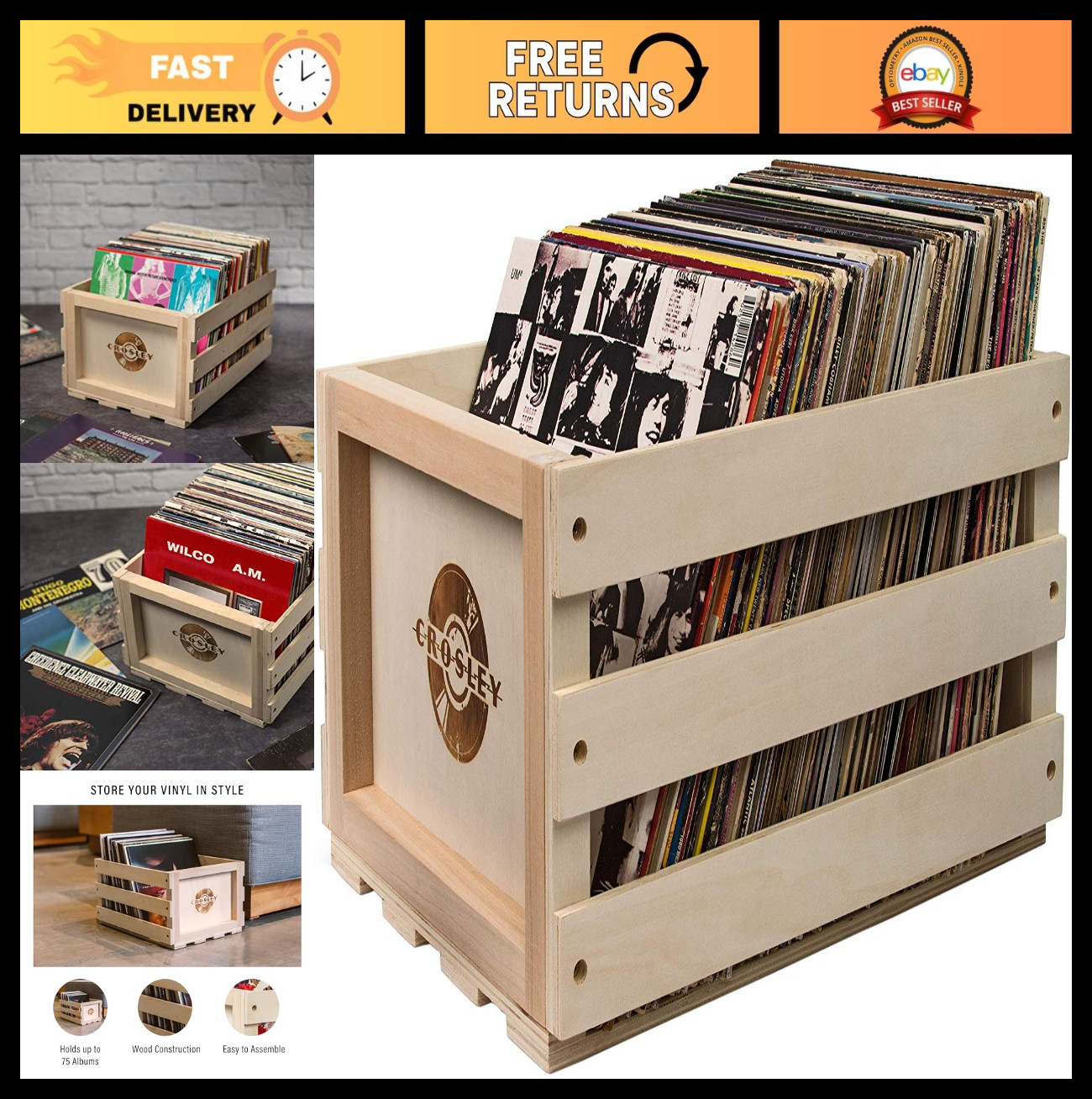 Record Storage Crate for 75 Albums - Wooden Vinyl Holder, Natural Finish