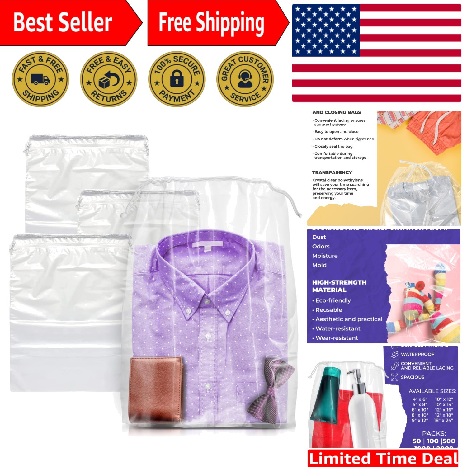 Disposable Drawstring Bags PE 2 Mil with Double Cotton Drawstrings