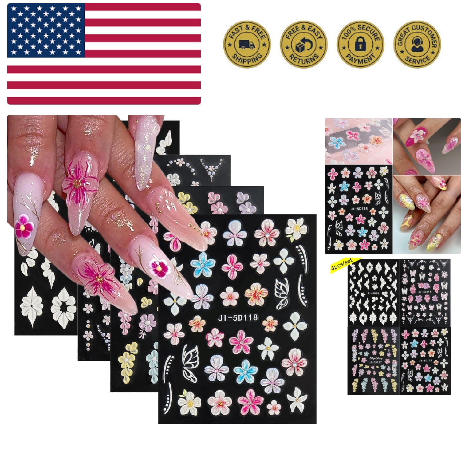 Flowers Nail Stickers 4 Sheets 5D Embossed Floral Nail Decals, Summer Neon Na...