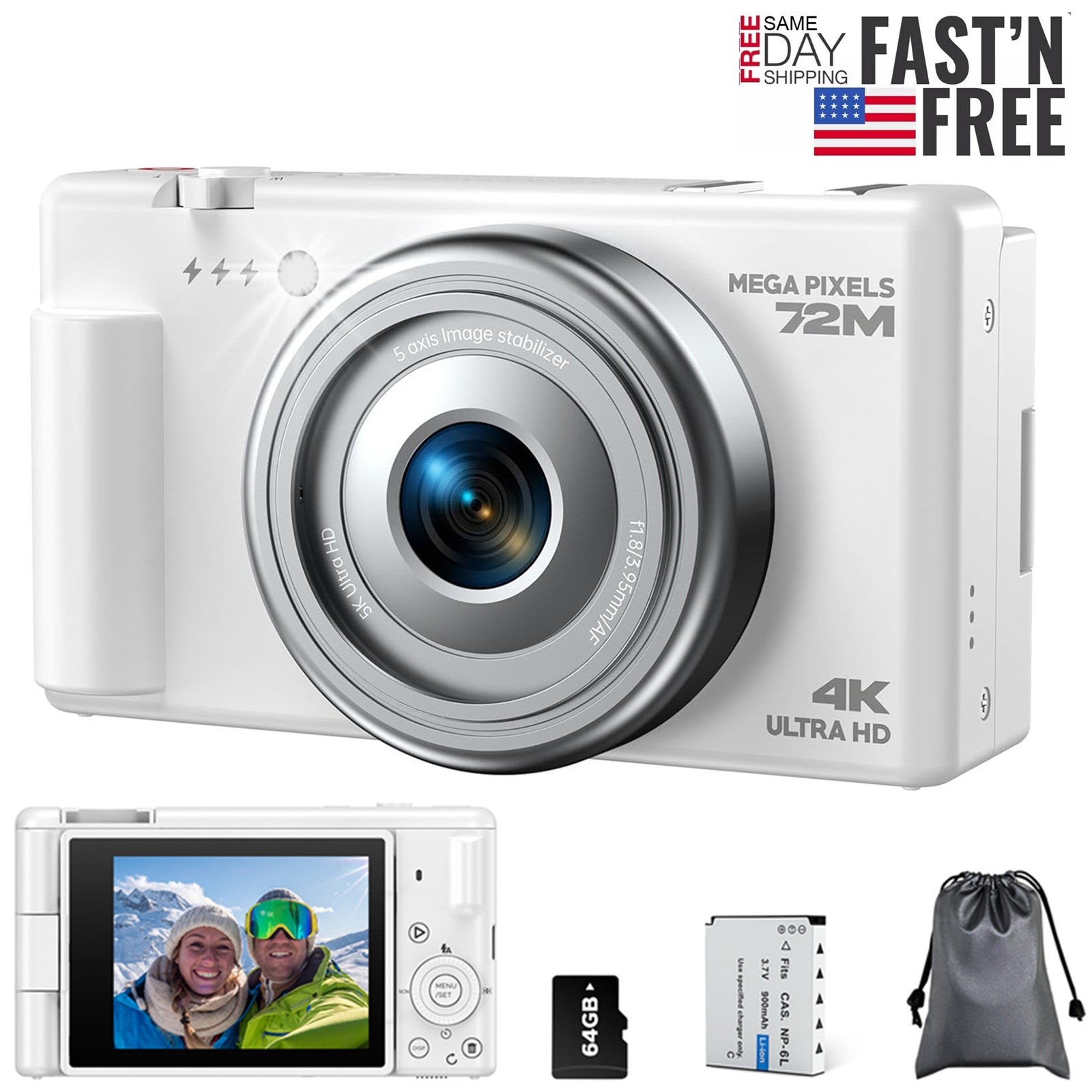 72MP Digital Camera 4K/30FPS Video for Beginners 18x Zoom 2.8" 270° Flip Screen