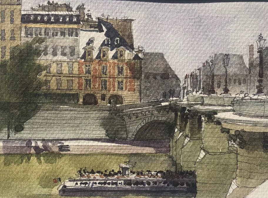 Lovely Paris Seine River Barge Landscape Watercolor Painting Style Art Print