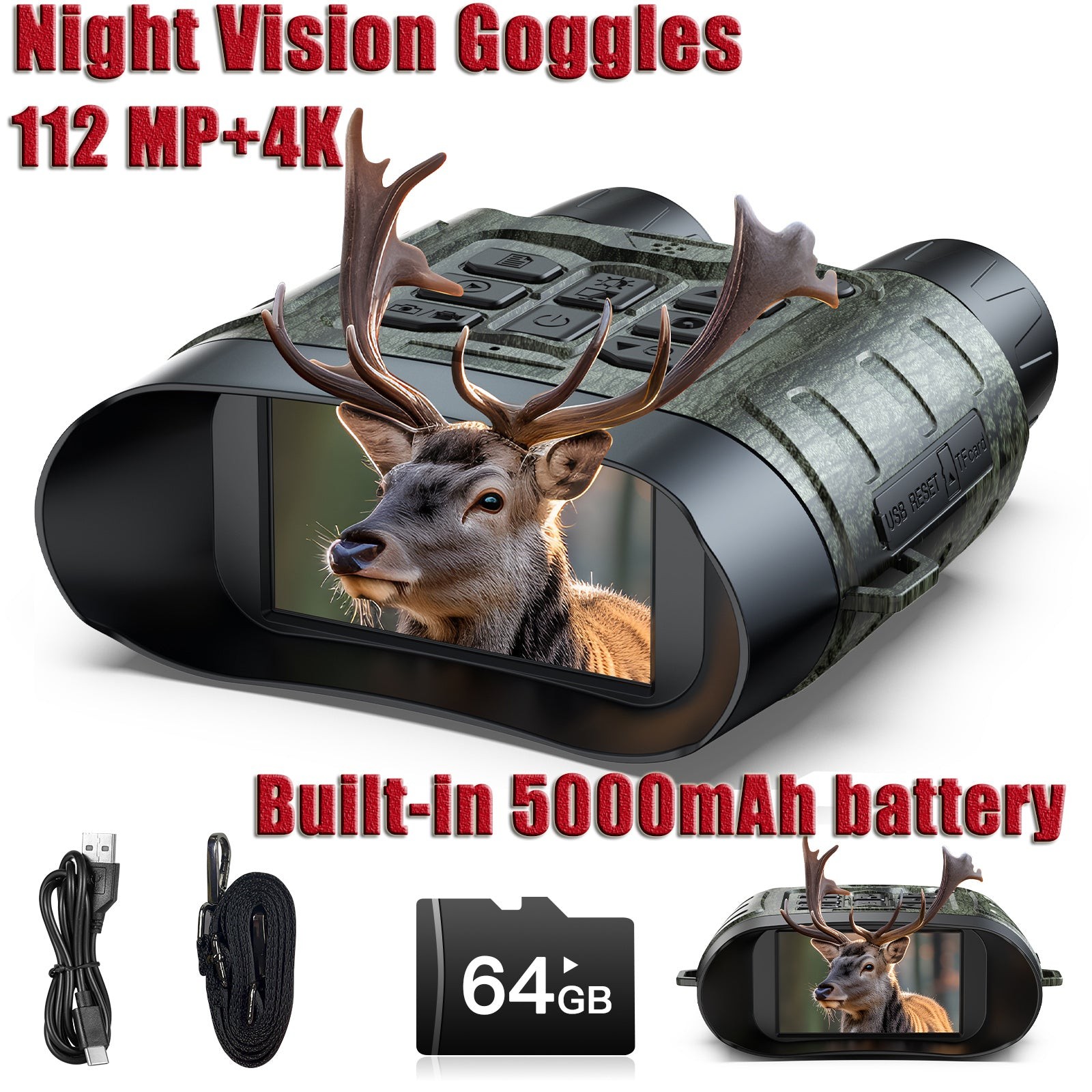 4K Night Vision Goggles 112MP Infrared Binoculars 12X Zoom &5000mAh Battery 64GB
