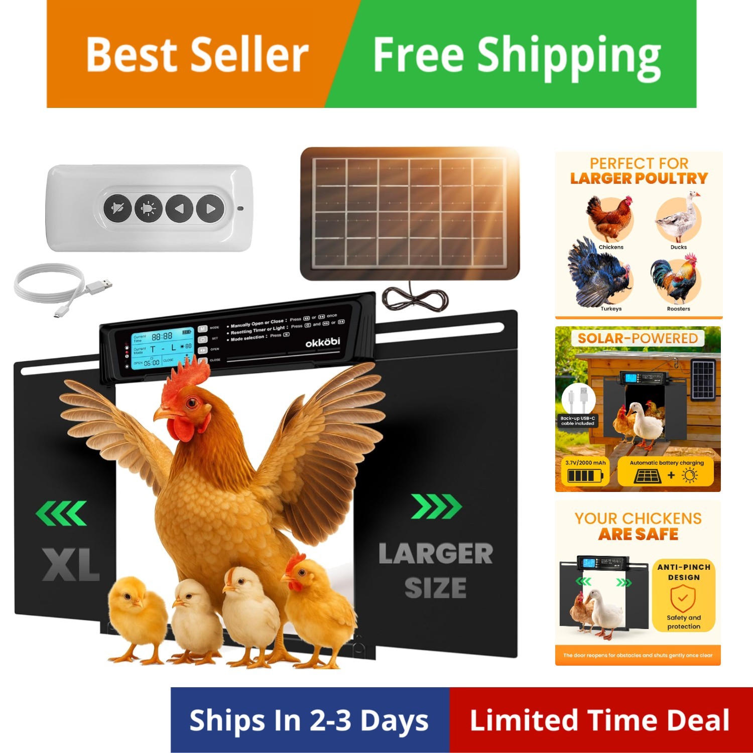 Extra Large Automatic Chicken Coop Door Solar Powered with Remote - LCD Displ...